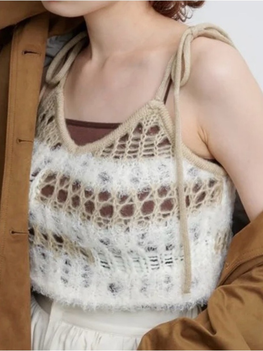 Cream Fuzzy Crochet Tie-Shoulder Crop Top